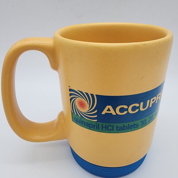 Vintage Accupril Coffee Mug Cup Pharma Drug Rep Advertising Yellow Rubber Bottom - Picture 3 of 9